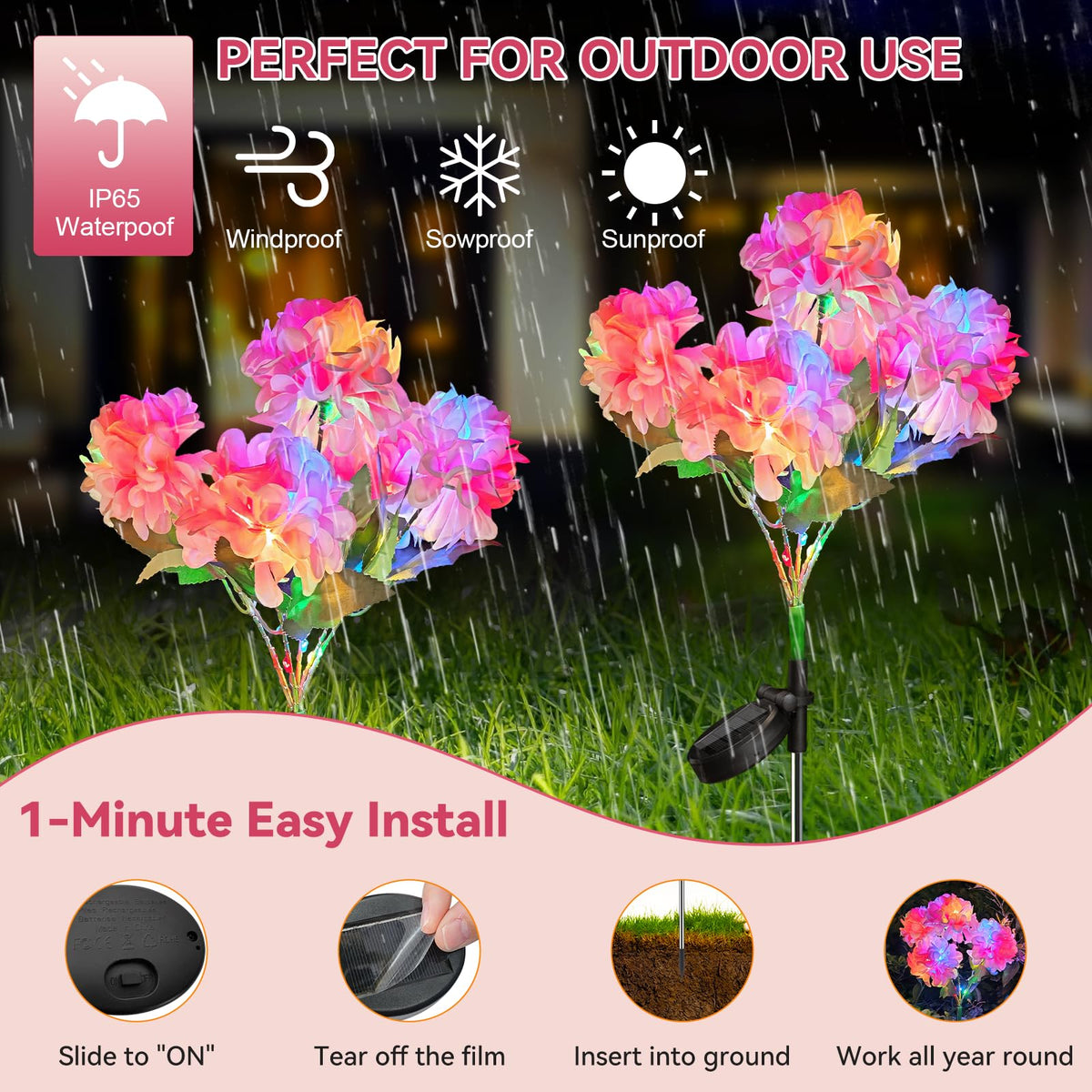 Neporal aluminum stake keeps lights steady in windy nights.