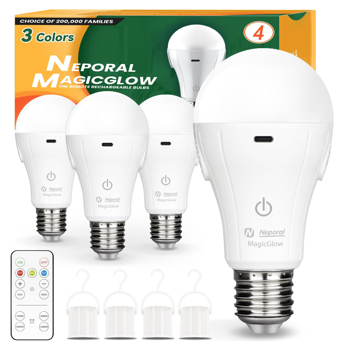 Neporal MagicGlow rechargeable bulb with remote control for convenient room-wide lighting control.