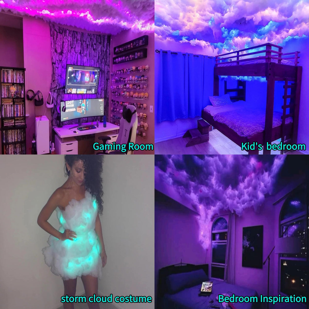 Close-up of fluffy cotton cloud with rainbow LED glow