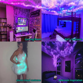 Close-up of fluffy cotton cloud with rainbow LED glow