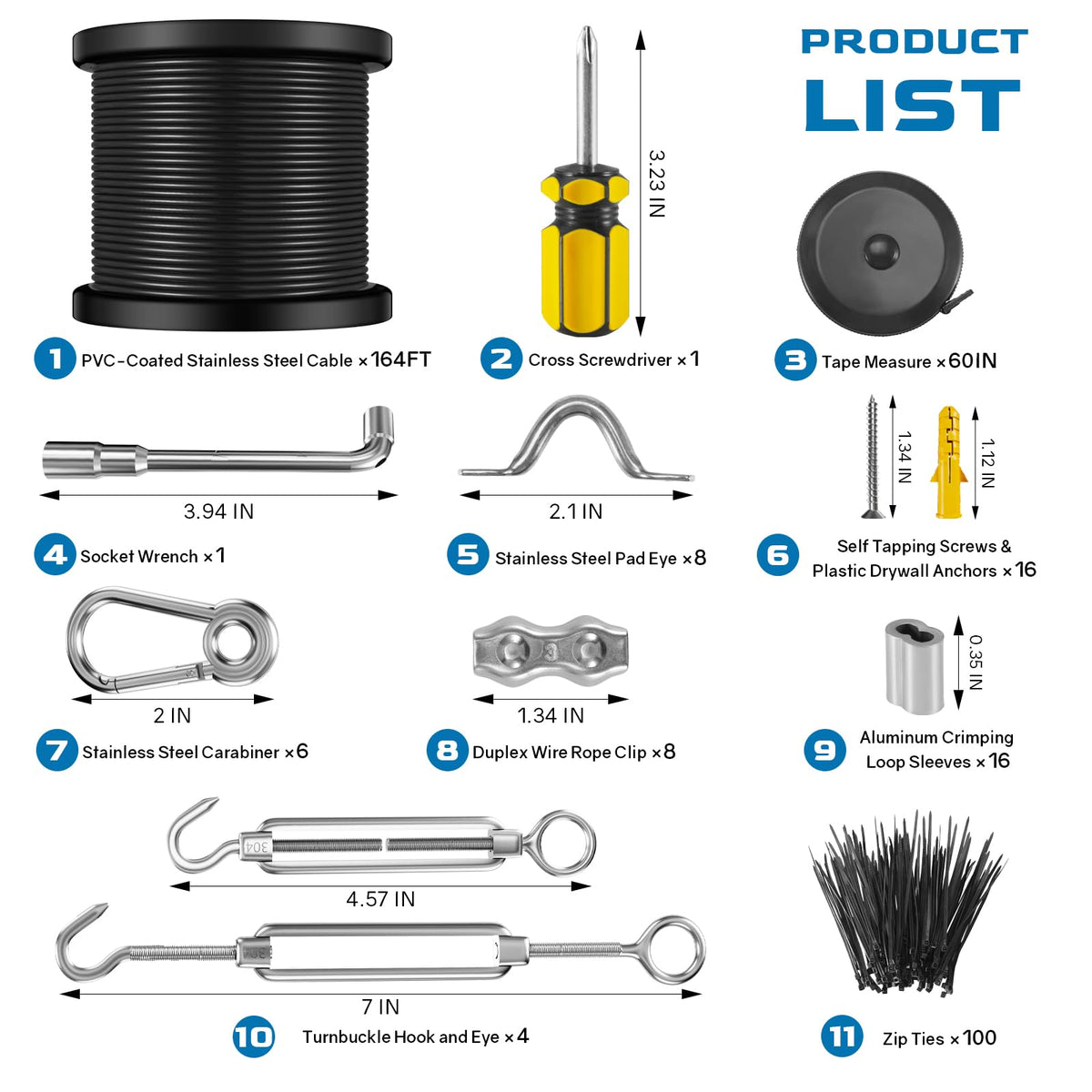 NEREUS 164 ft vinyl-coated 304 stainless steel cable provides strong, weatherproof support.