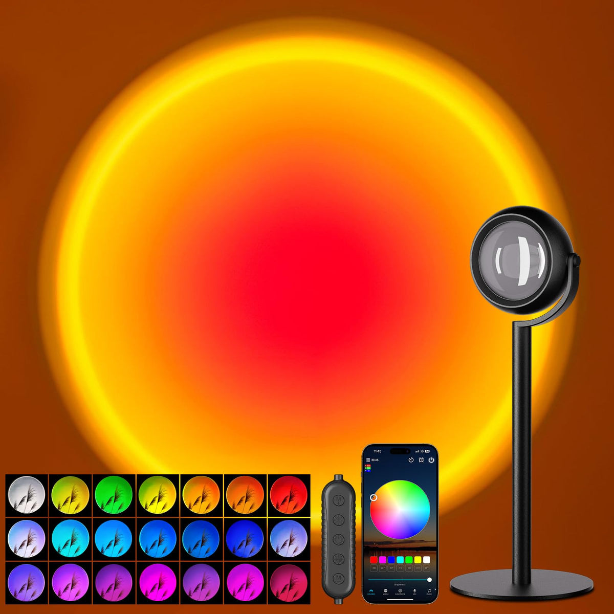 Neroupe sunset lamp projector in a cozy bedroom setup for relaxing mood lighting