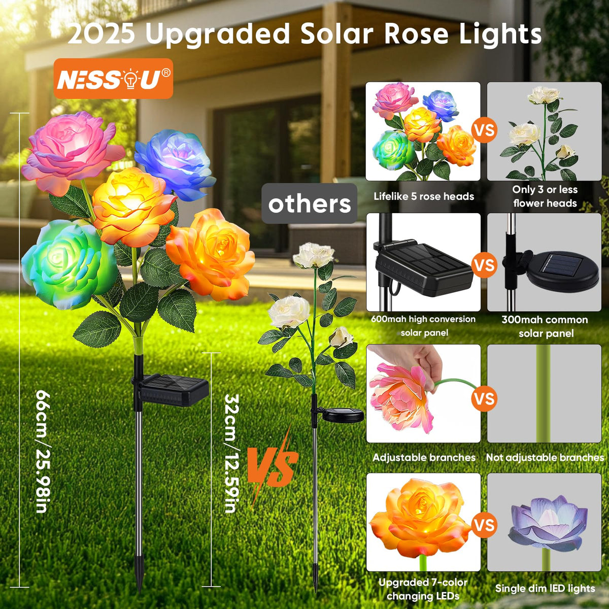 NESSTU auto on/off rose lights simplify evening garden lighting.