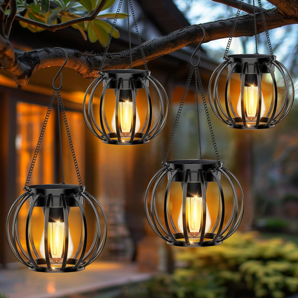 NESSTU solar lanterns 4-pack hanging for bright outdoor ambiance.