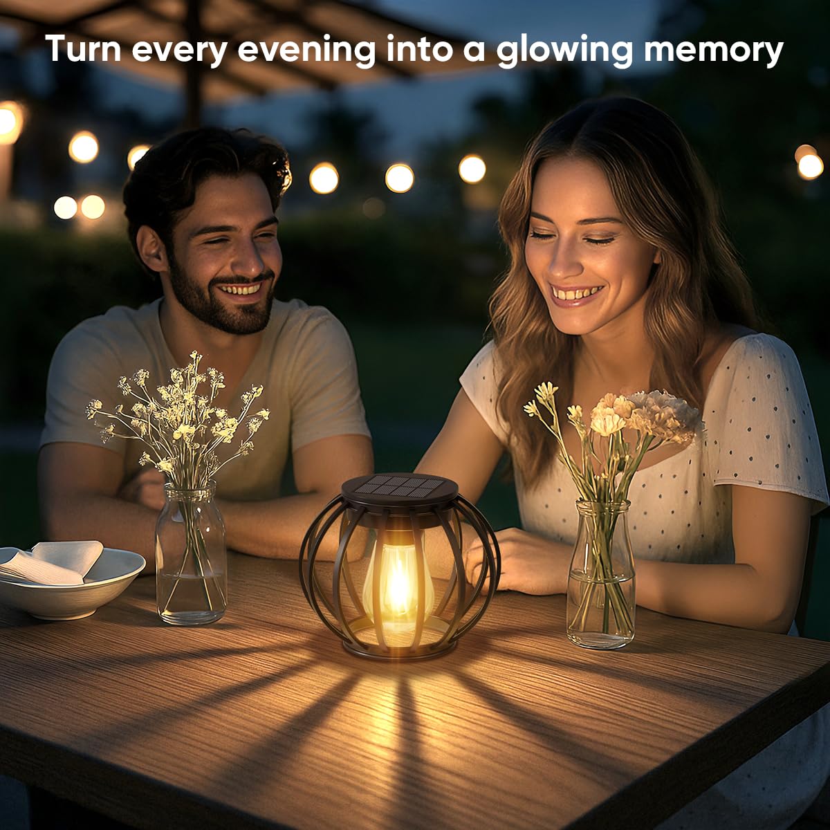 NESSTU solar lantern tabletop use adds cozy outdoor light.
