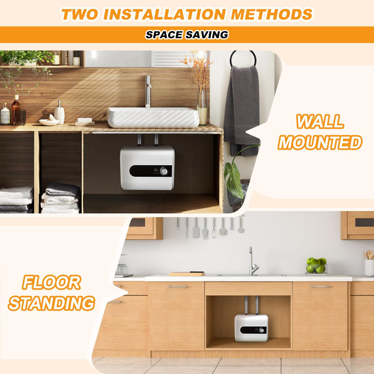 Nessxa mini-tank heater compact dimensions fit under most sinks neatly.