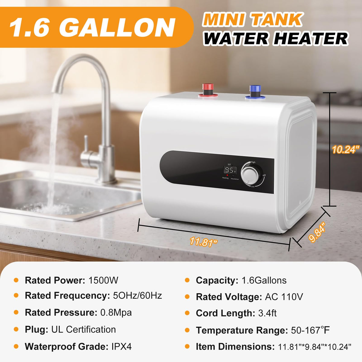 Nessxa mini-tank heater rapid heat 1500W delivers quick hot water for tasks.