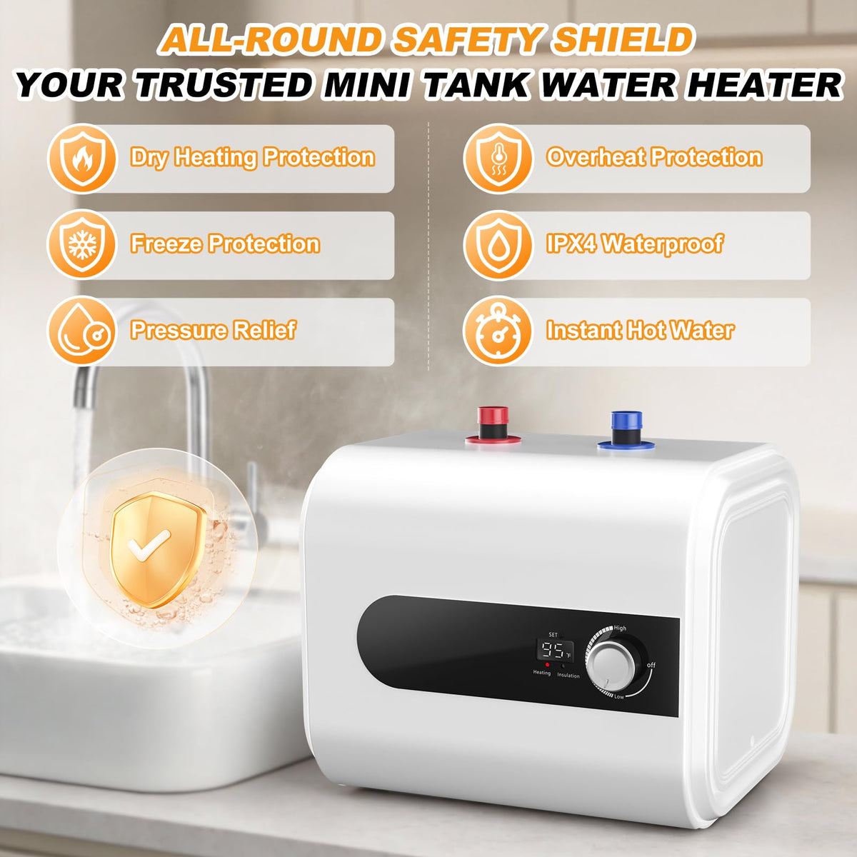 Nessxa mini-tank heater safety protections guard against overheating and dry heating.