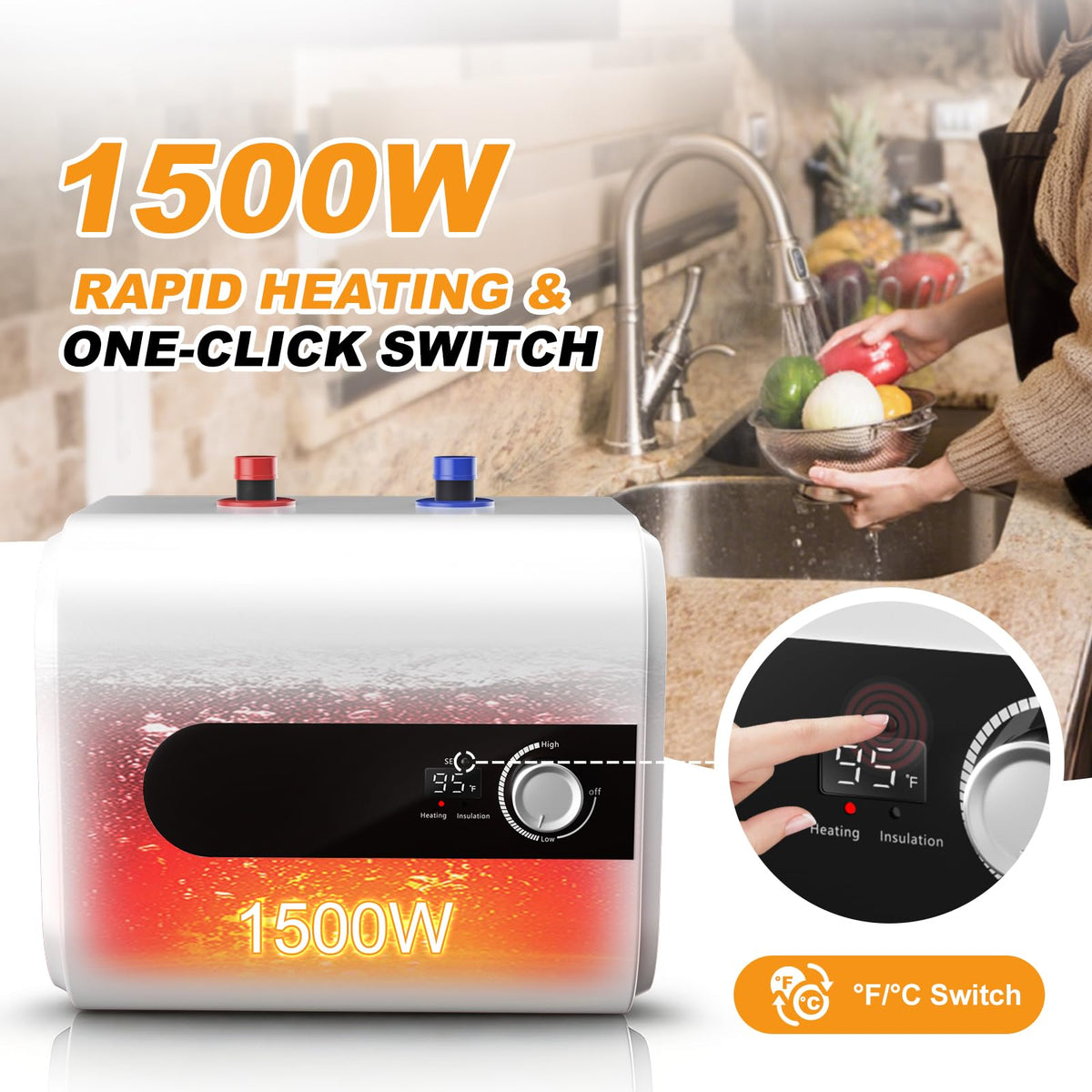 Nessxa mini-tank heater temperature switch simplifies Celsius or Fahrenheit selection.