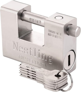 Nestling 94mm padlock with brass body; sturdy security for gates and sheds.