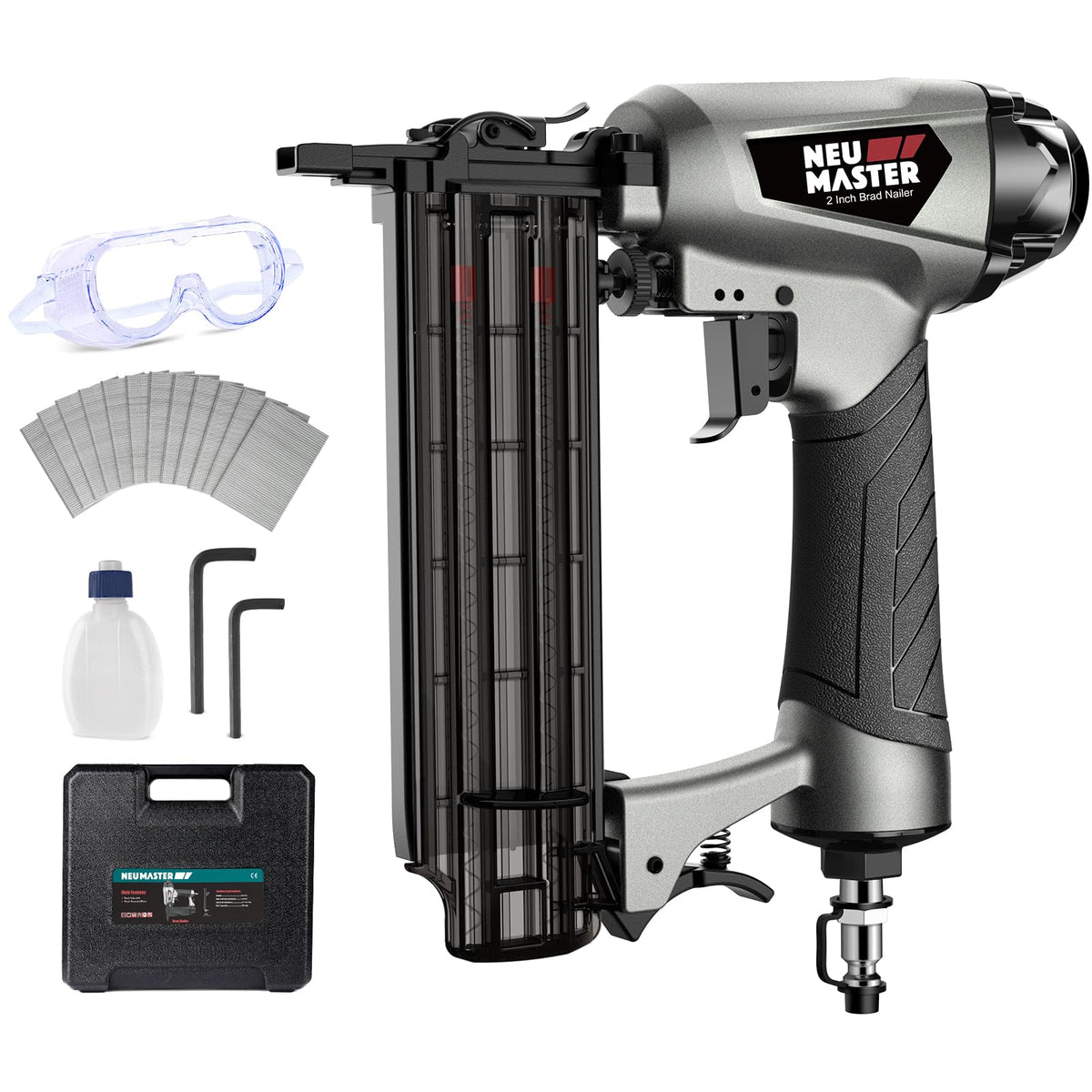 NEU MASTER brad nailer with carrying case for organized woodworking projects