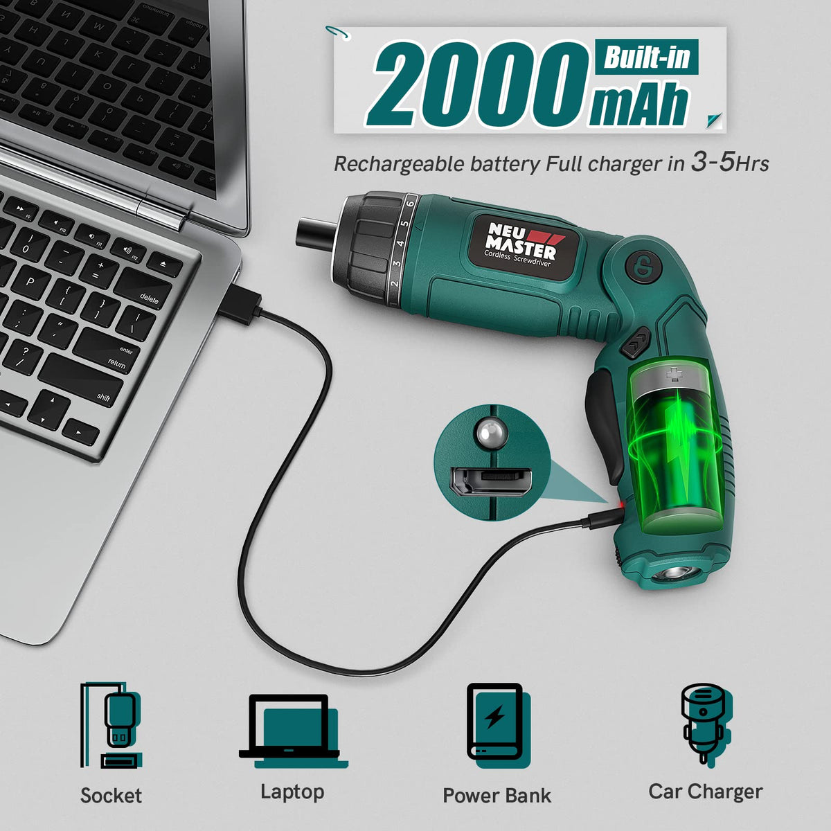 NEU MASTER cordless screwdriver 2000mAh battery supports many screws per charge.