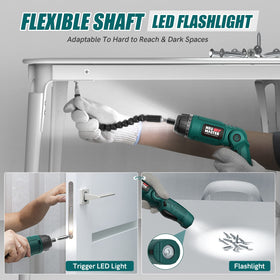 NEU MASTER cordless screwdriver dual-LED-light improves visibility in dim workspaces.