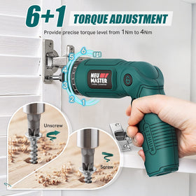 NEU MASTER cordless screwdriver flexible-extension-shaft reaches tight corners and awkward angles.
