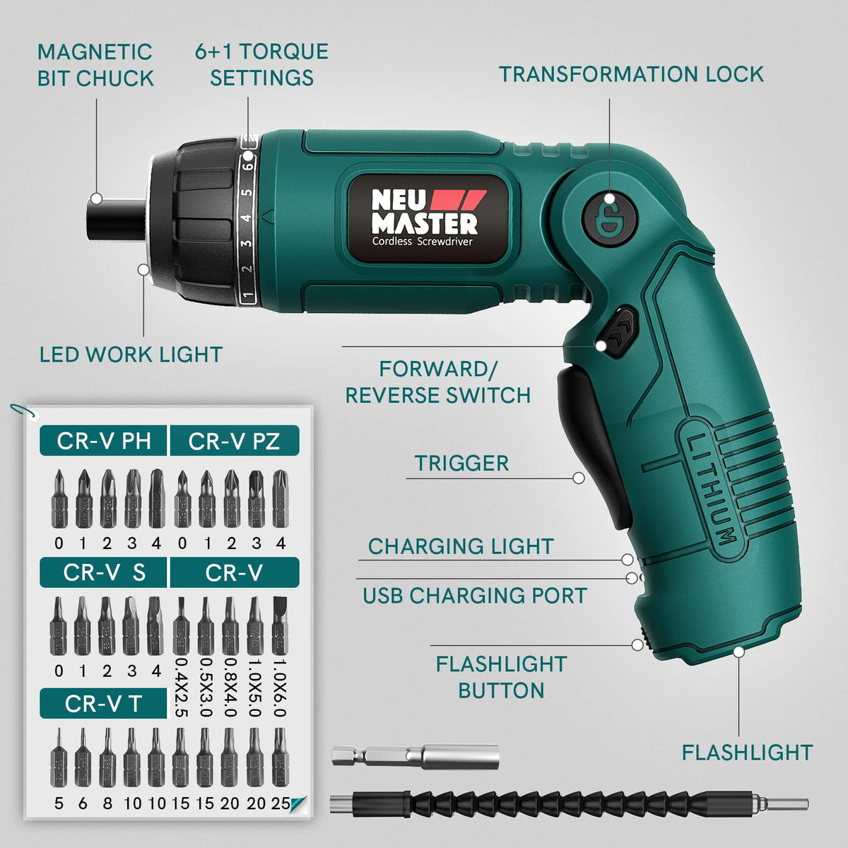 NEU MASTER compact kit includes bits, extension, USB cable, and belt clip case.