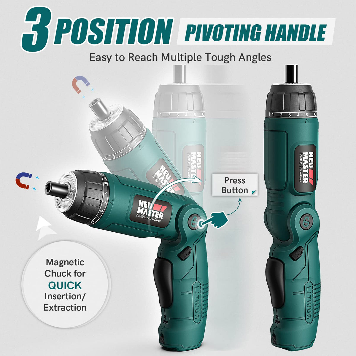 NEU MASTER cordless screwdriver magnetic-bit-holder keeps bits secure during tasks.