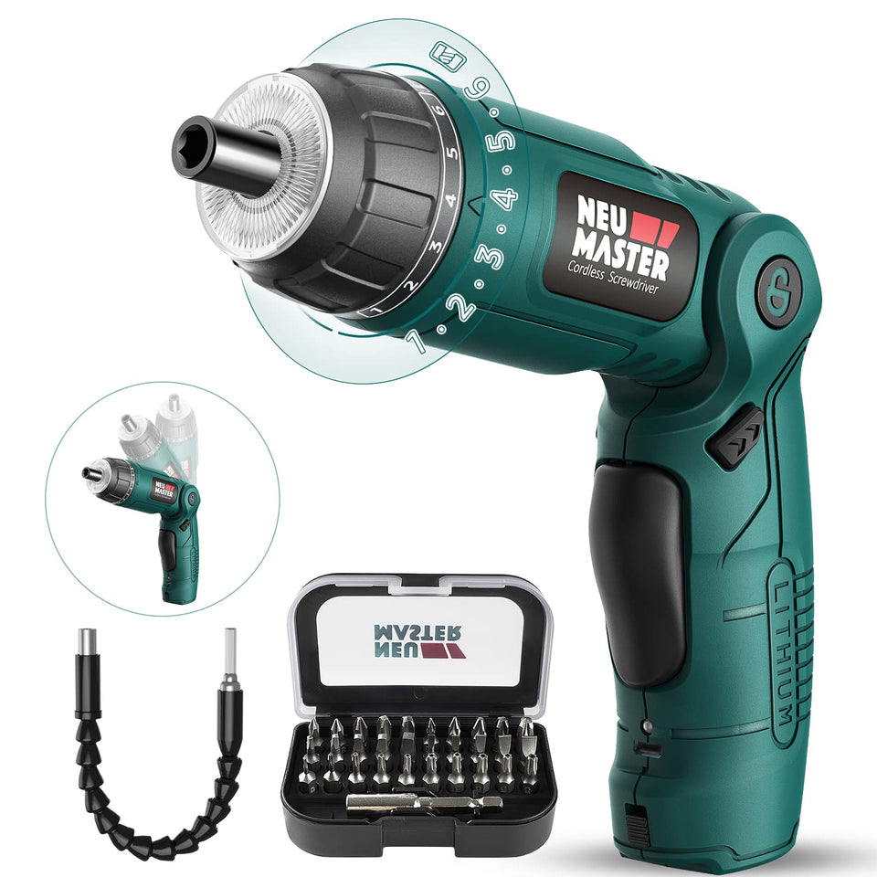 NEU MASTER cordless screwdriver pivoting-handle for versatile inline or pistol grip use.