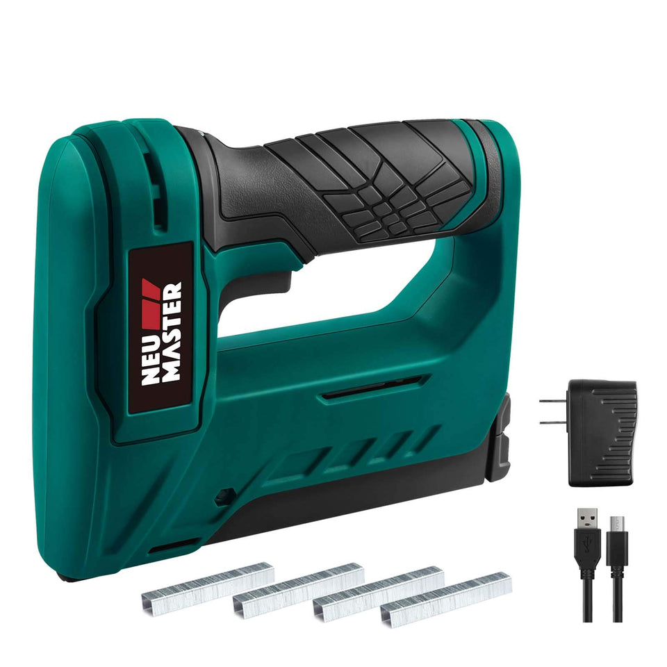 NEU MASTER electric staple gun in use on a wood project with secure fastening