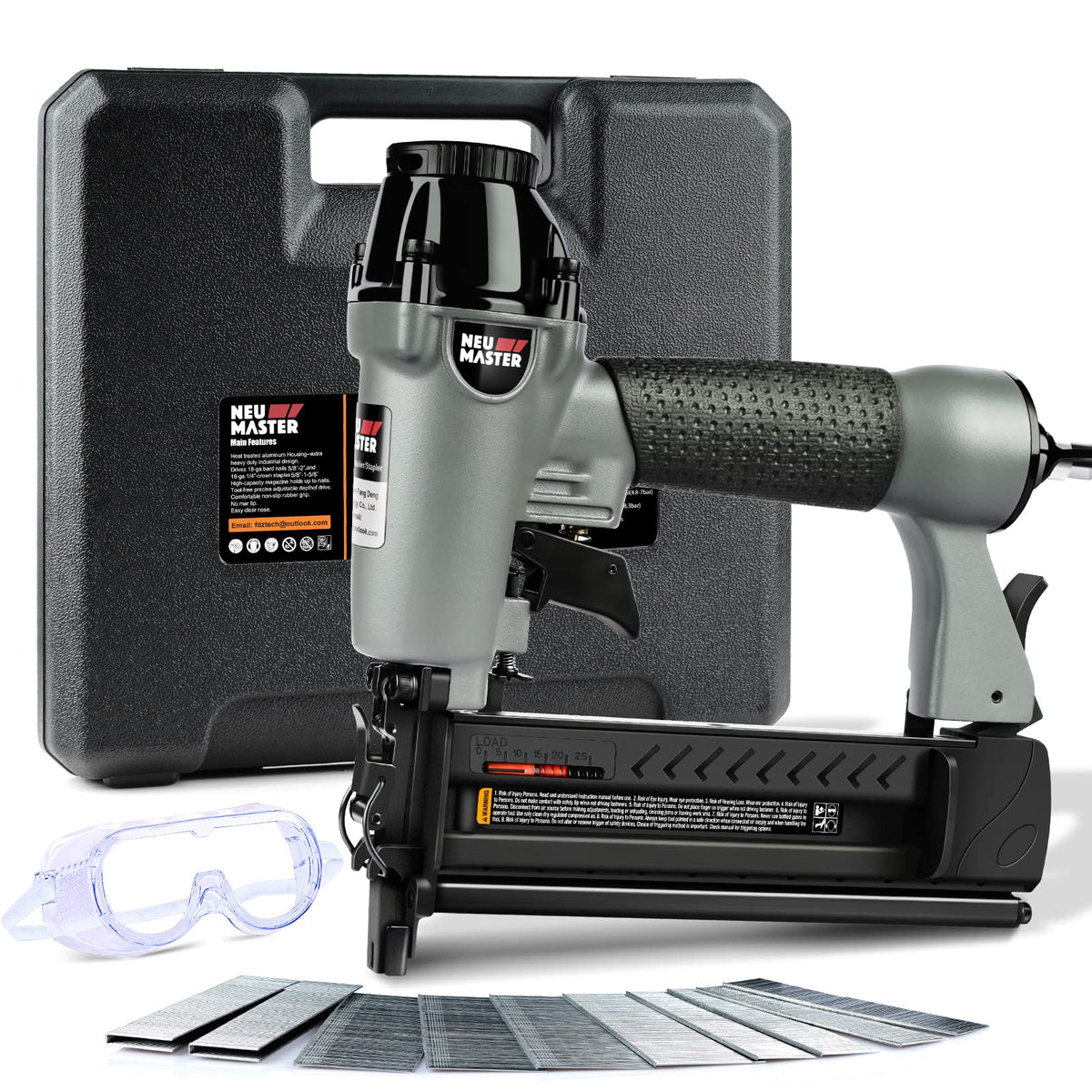 NEU MASTER pneumatic brad nailer with carrying case for easy transport during DIY projects.