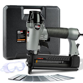 NEU MASTER pneumatic brad nailer with carrying case for easy transport during DIY projects.