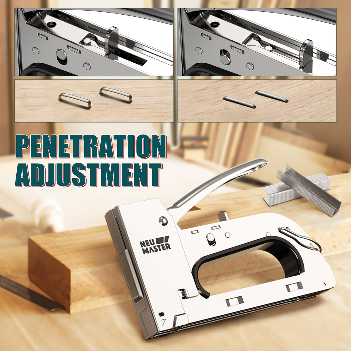 Depth adjustment on NEU MASTER enables precise staple depth for materials.