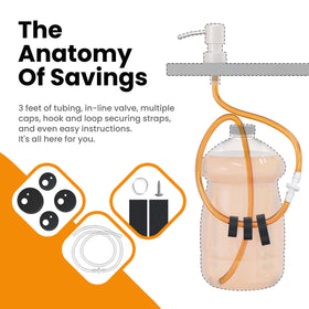 Never-MT complete kit includes tubing, inline valve, caps, strap, and hardware.