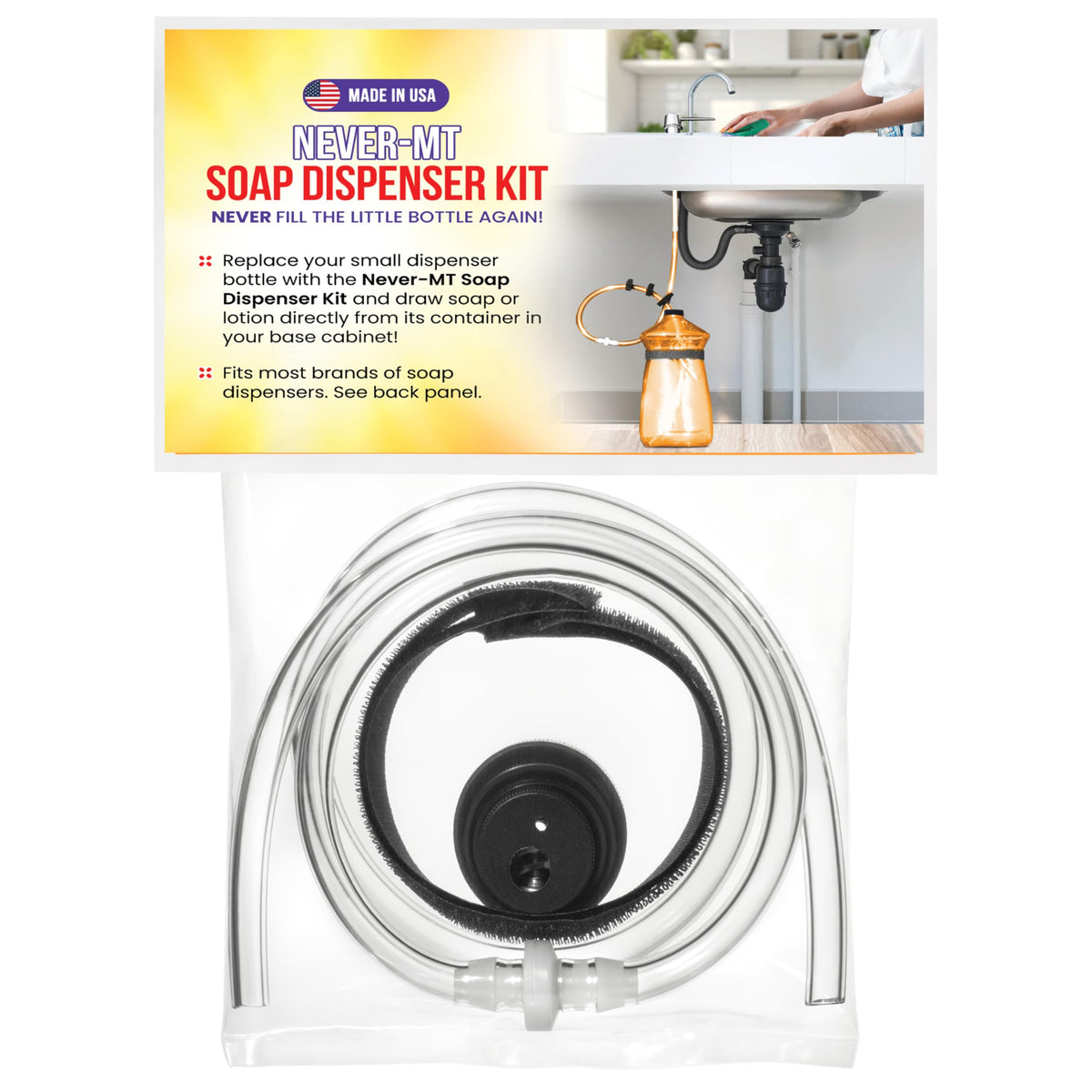 Never-MT soap dispenser conversion kit ready for installation, enabling direct refilling from a larger container.