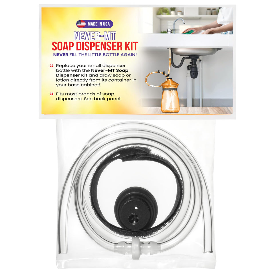 Never-MT soap dispenser conversion kit ready for installation, enabling direct refilling from a larger container.