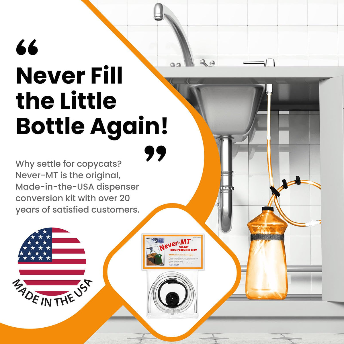 Never-MT tubing and inline valve image shows easy access from base cabinet.