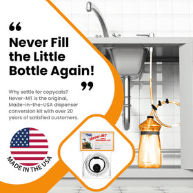 Never-MT tubing and inline valve image shows easy access from base cabinet.