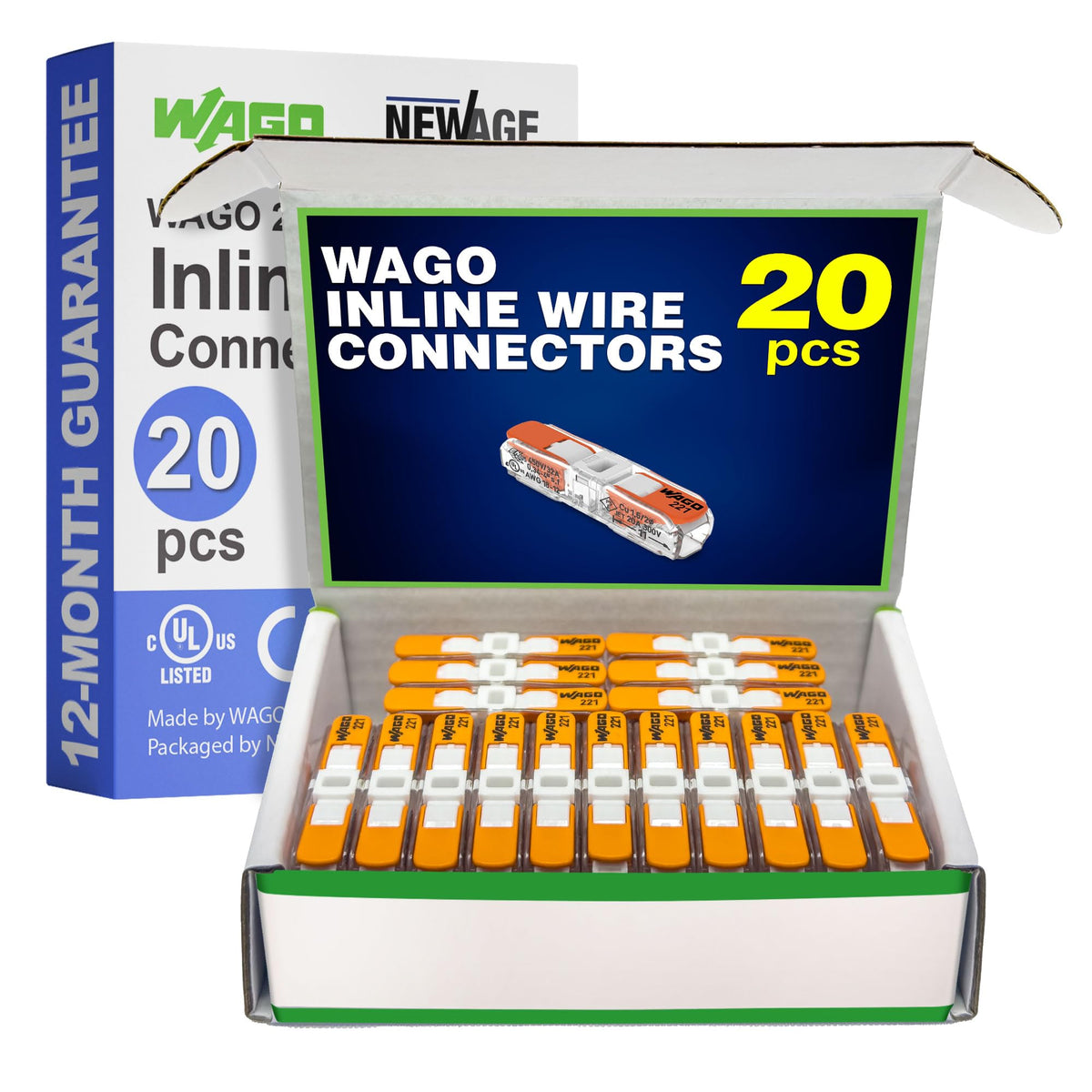 New Age America WAGO 221-2401 interior view shows lever action for quick wiring
