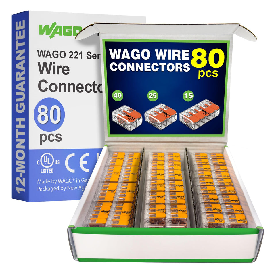New Age America WAGO 221-412 lever nut front view for quick two-port wiring connections.