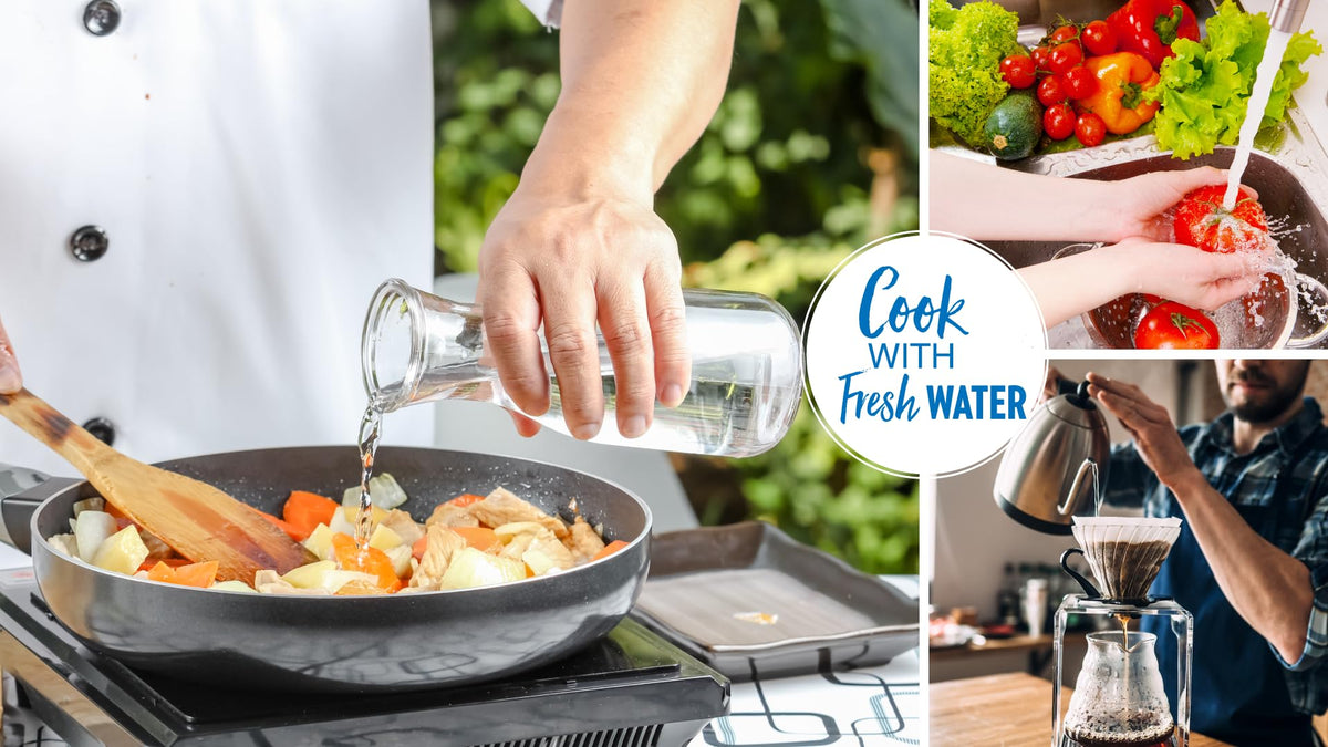 New Wave Enviro 10 Stage Plus cartridge tap-water illustration emphasizes safe, fresh-tasting drinking.