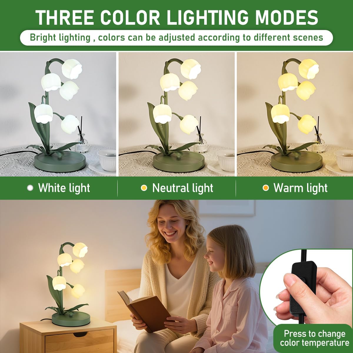 NewAoNaSen Flower Table Lamp side view highlights five lily of the valley blooms for decor.