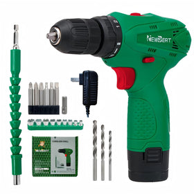NEWBEAT 12V cordless drill with battery and charger enables quick furniture assembly.
