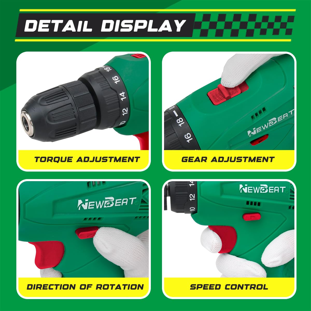 NEWBEAT 3/8 inch keyless chuck allows fast bit changes during projects.