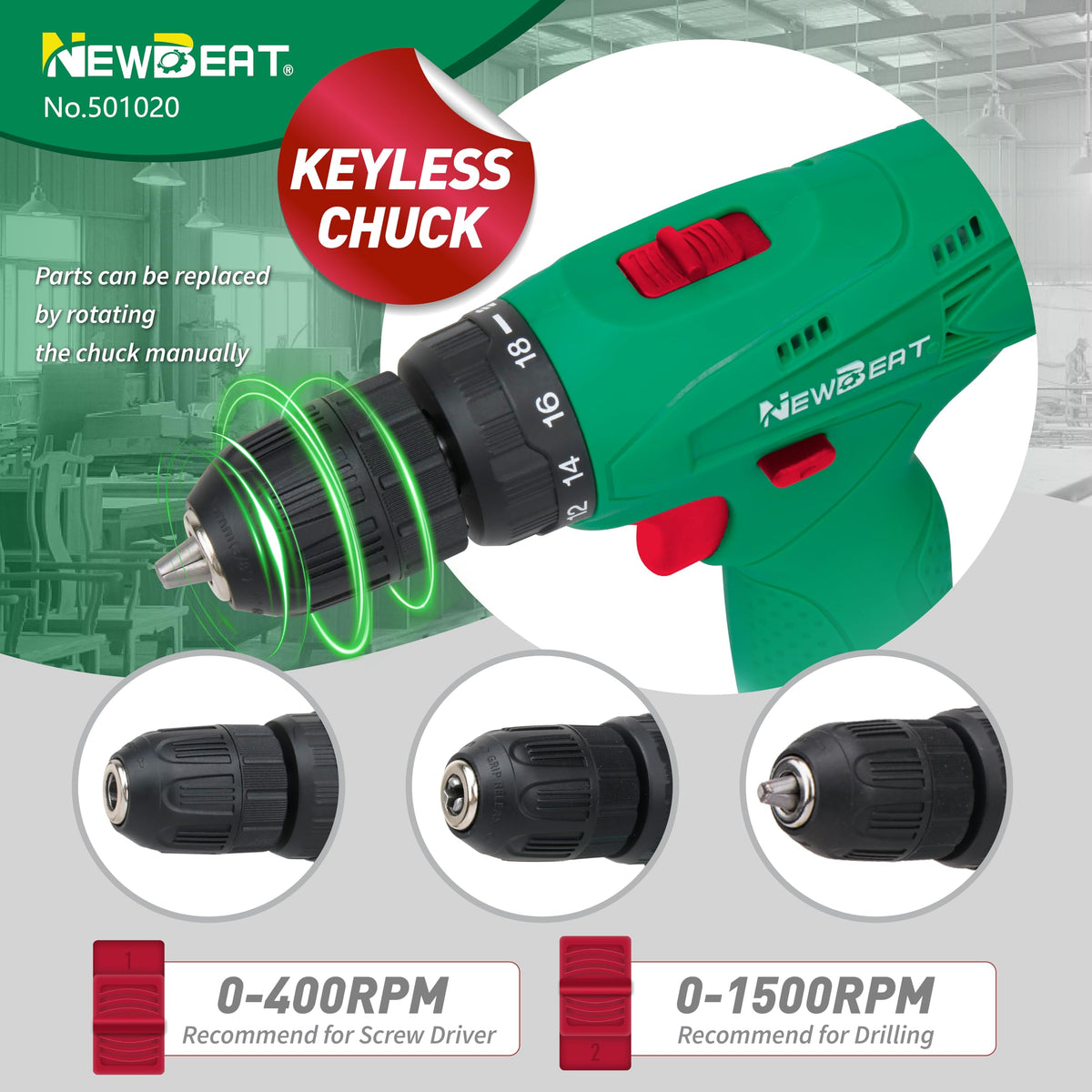NEWBEAT dual-speed control for versatile drilling and driving tasks.