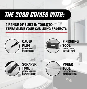 Two-sided scraper removes old caulk quickly, prepping surfaces for new bead.