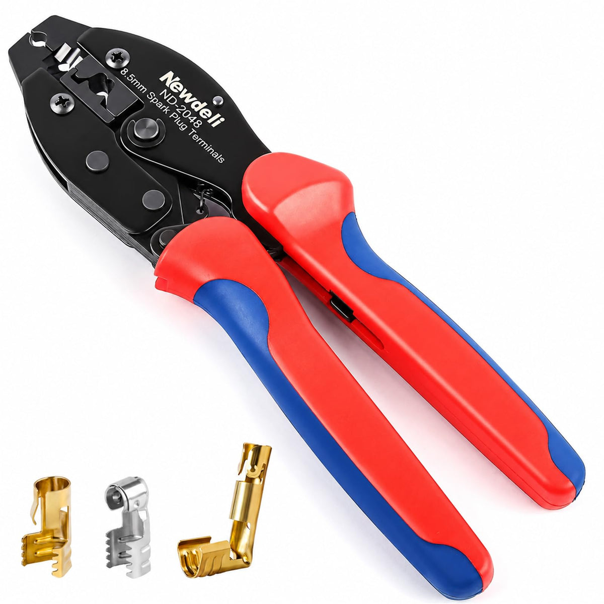 Newdeli ND-2048 spark plug wire crimper close-up showing precision jaws