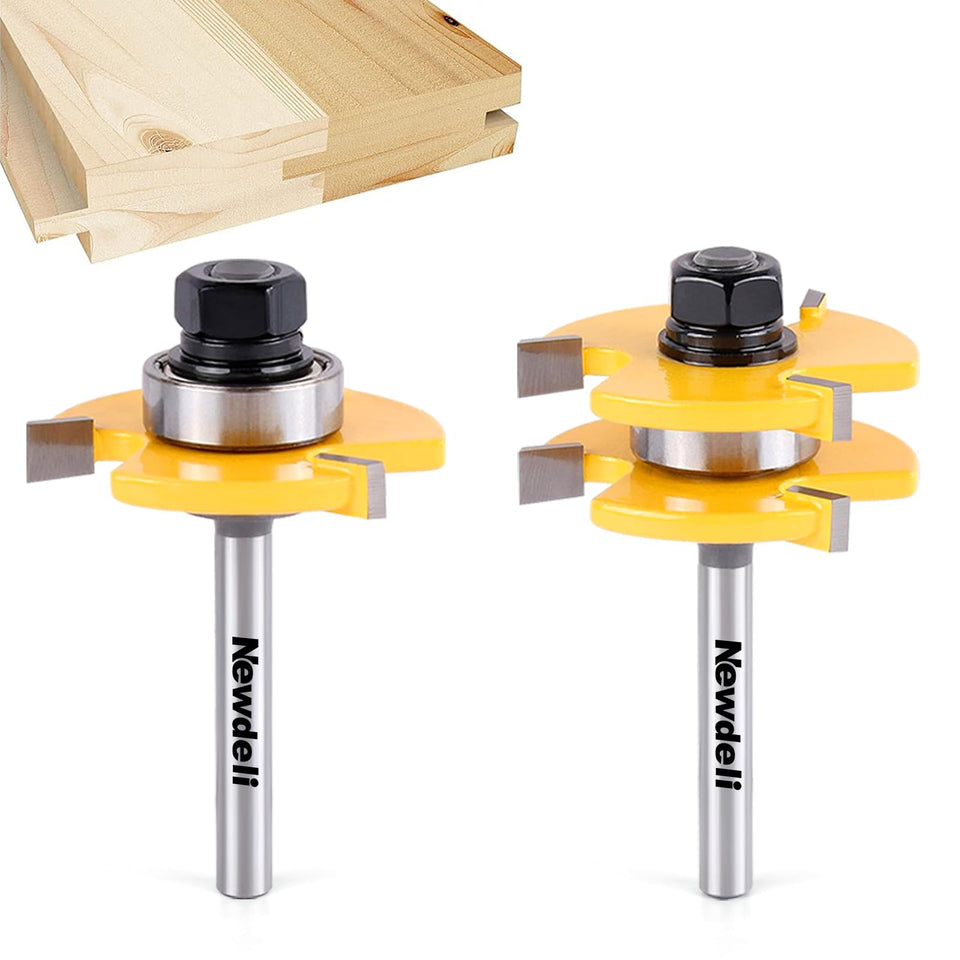 Newdeli tongue-groove bit set shows precise joint cuts on 3/4 stock for flooring projects.