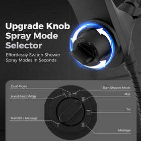 Newfinde knob mode selector for quick switching between shower modes.