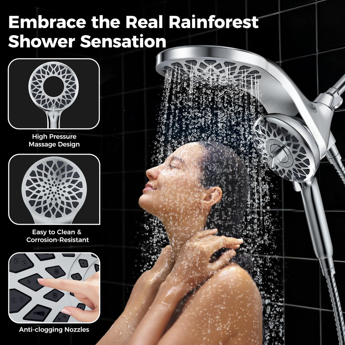 Newfinde self-cleaning silicone nozzles resist lime and reduce maintenance.