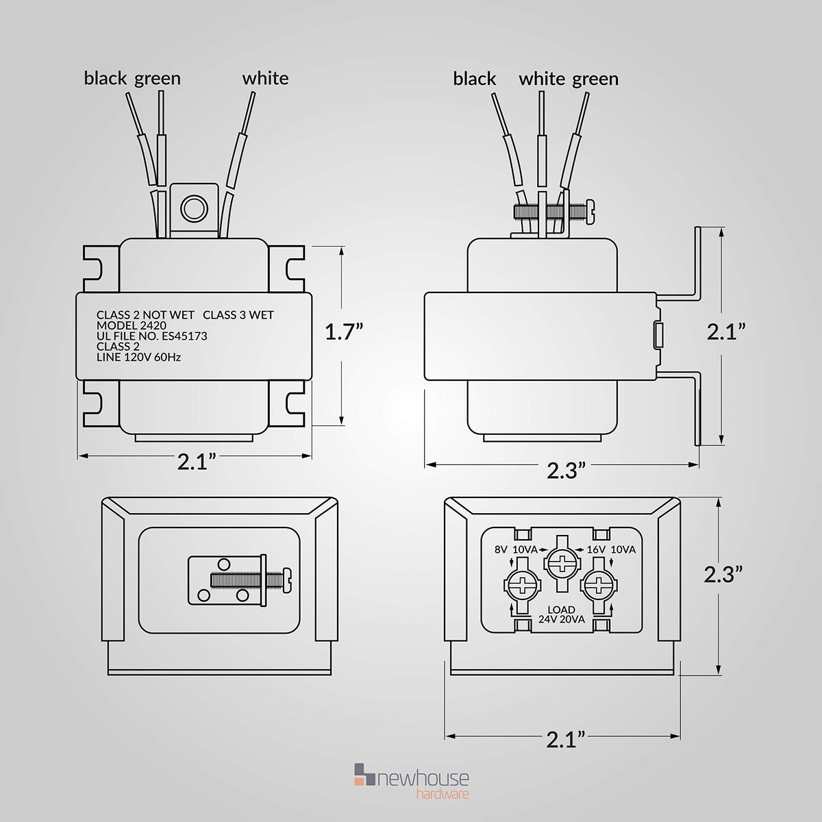 Newhouse Hardware 3TRAN transformer wiring close-up for 8/16/24 VAC outputs