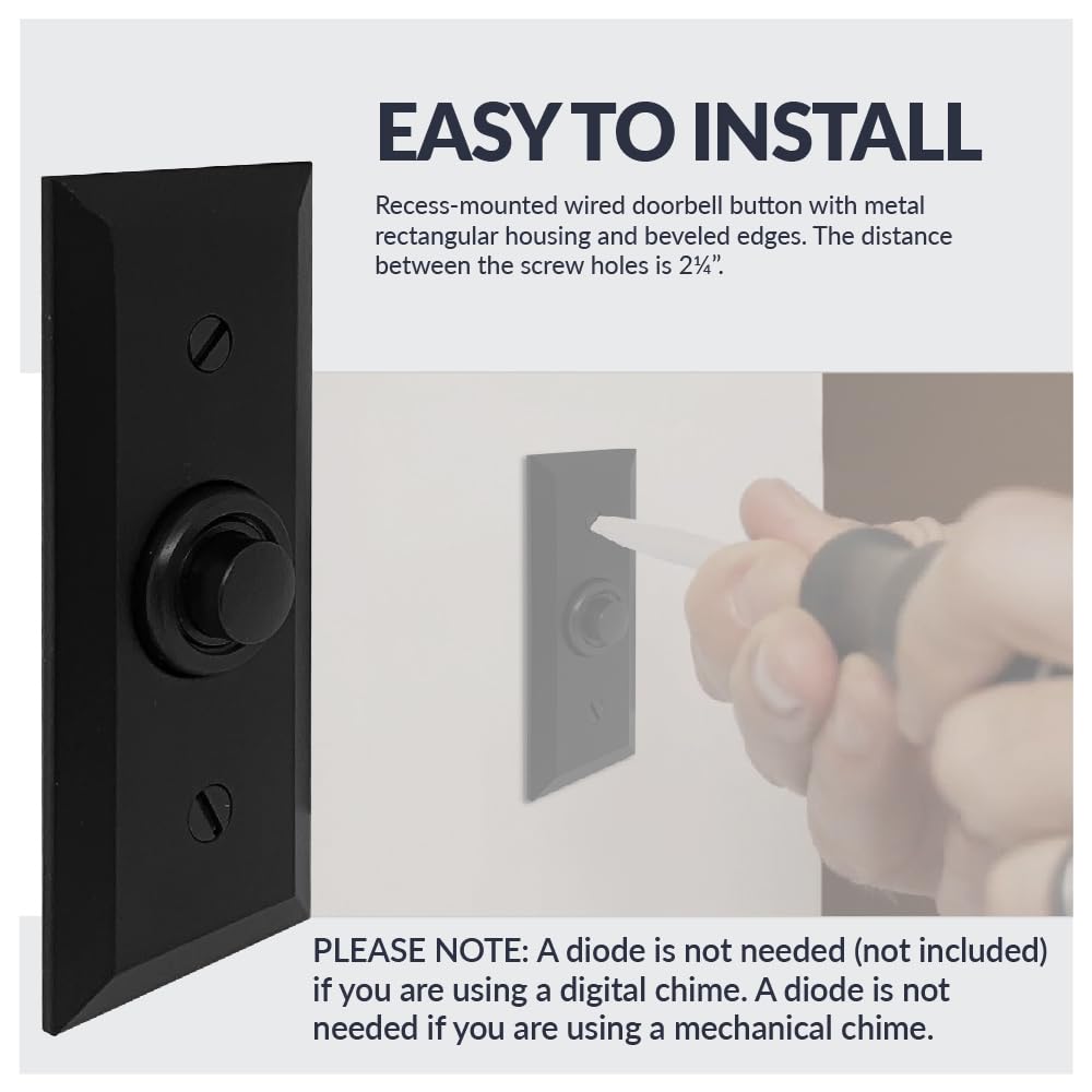 Newhouse Hardware doorbell button on front door, versatile for chimes and buzzers.
