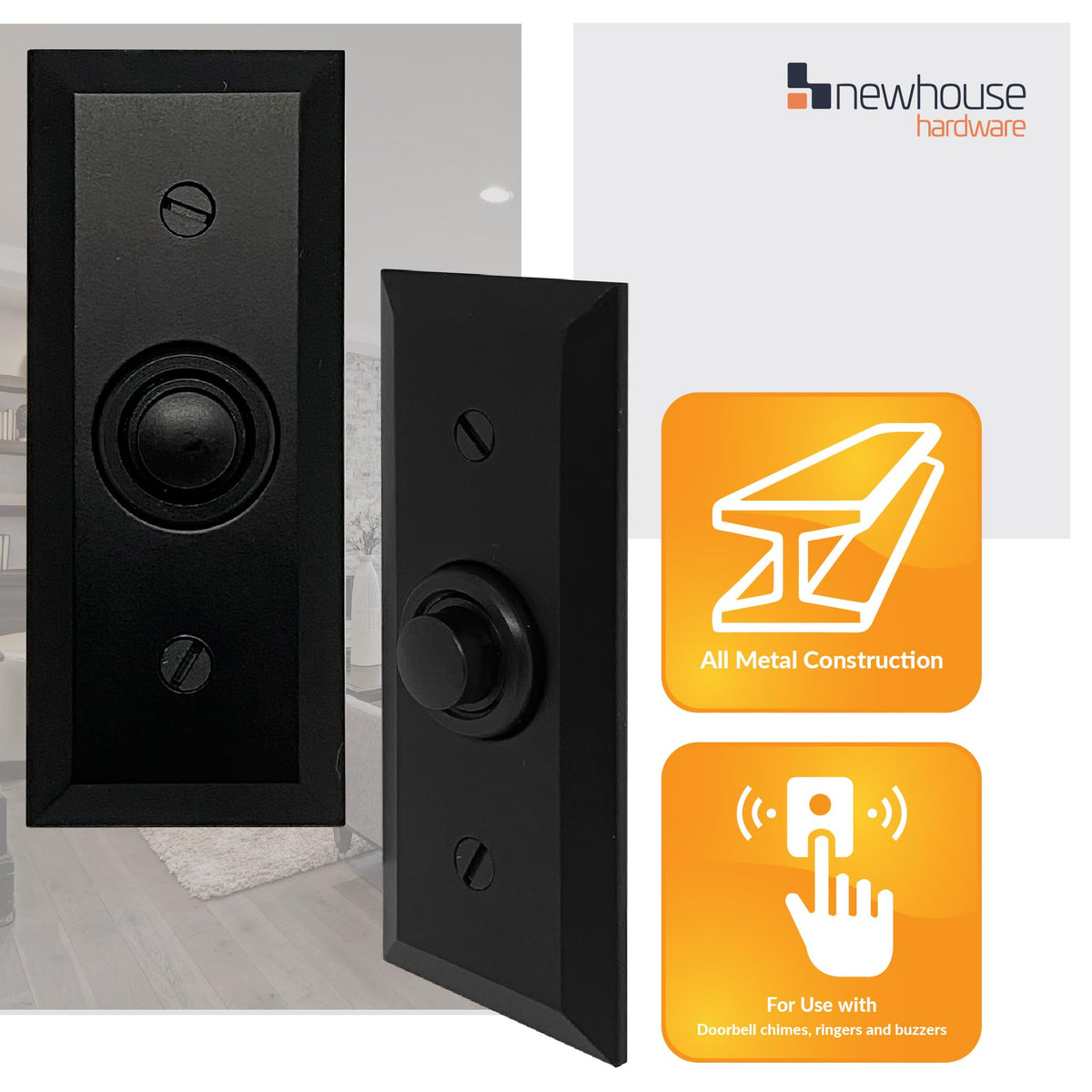 Newhouse Hardware metal doorbell button with durable finish for long-lasting use.