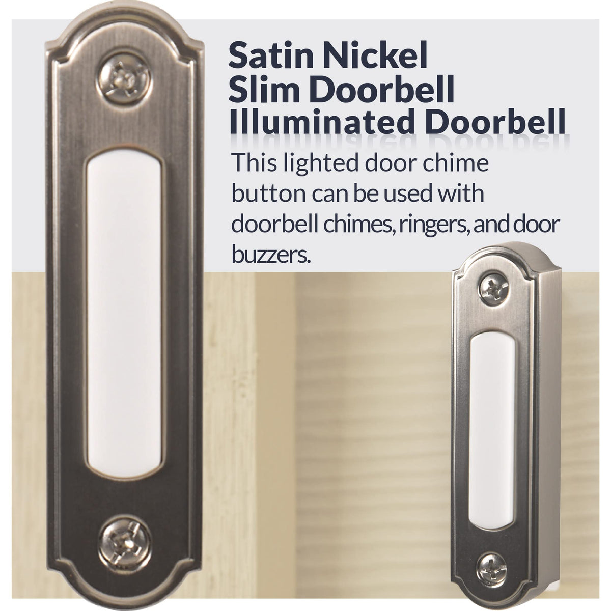 Newhouse doorbell button satin nickel with wiring compatibility for many chimes.