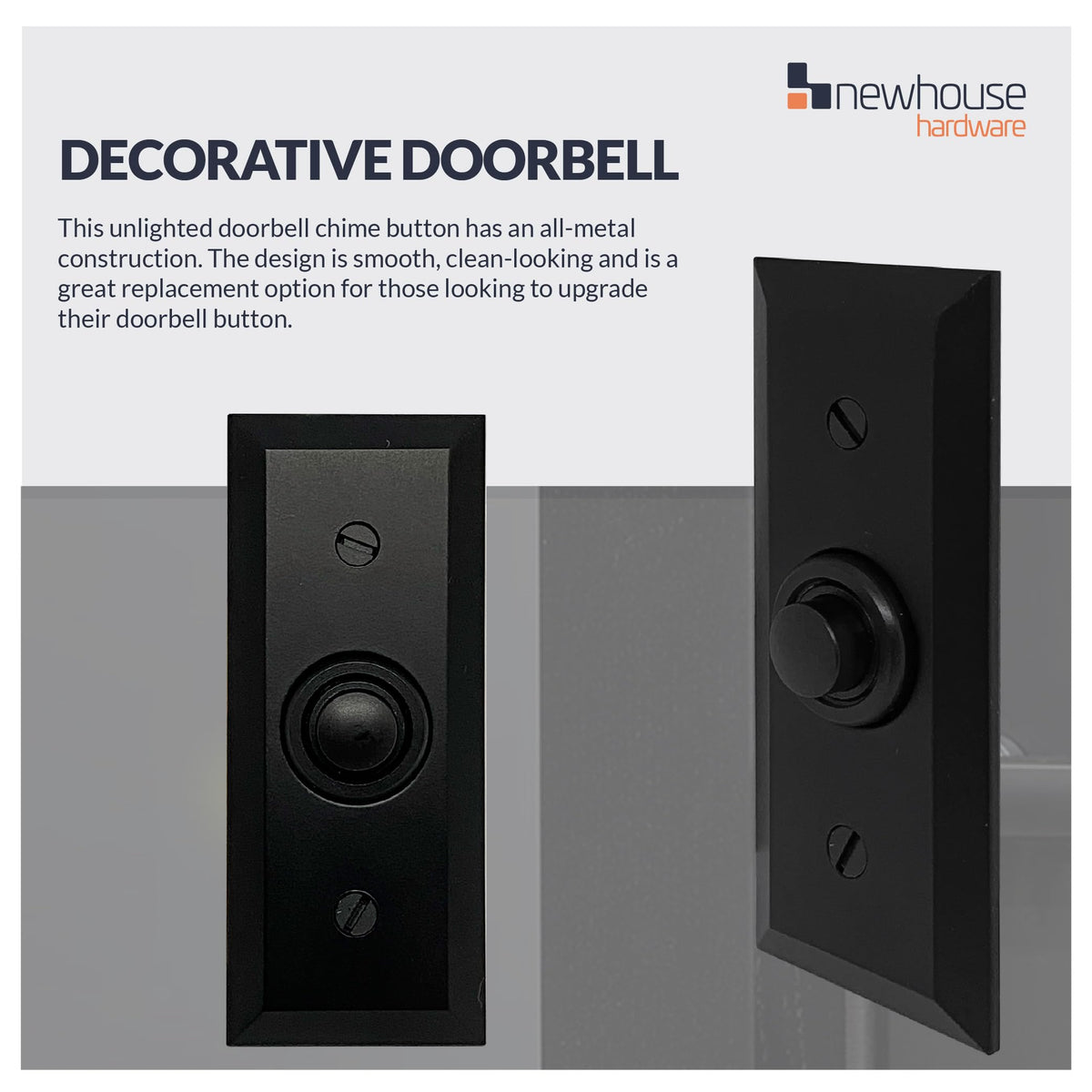 Newhouse Hardware doorbell button mounted on wood door for easy installation.