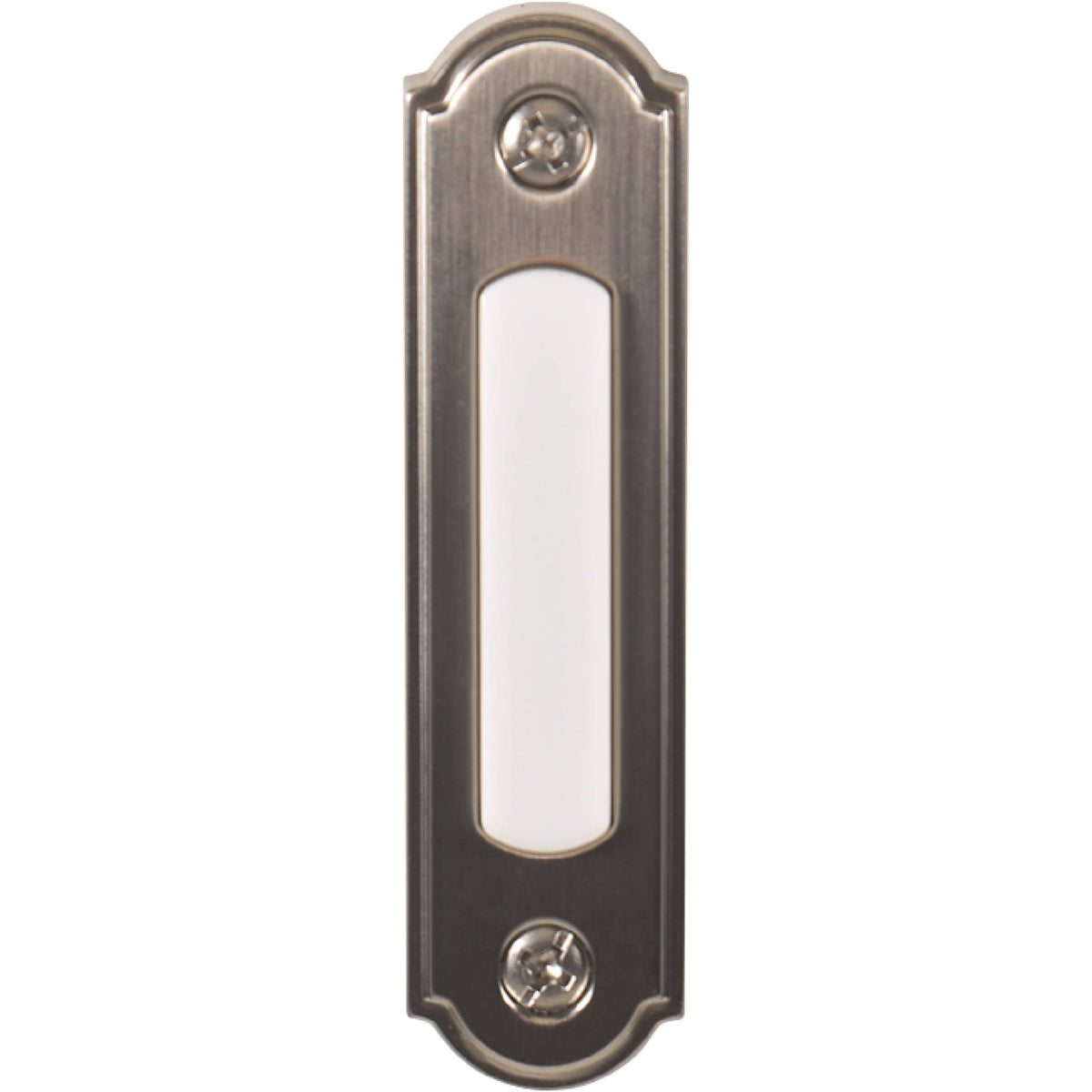 Newhouse Hardware LED door chime button front view satin nickel glow for nighttime visibility.