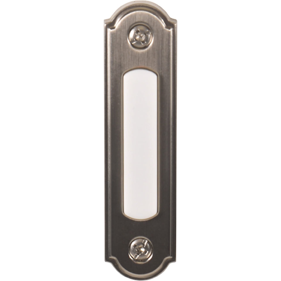 Newhouse Hardware LED door chime button front view satin nickel glow for nighttime visibility.