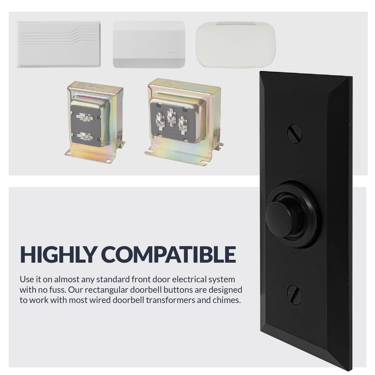 Newhouse Hardware black flush-face doorbell button blends with most door styles.